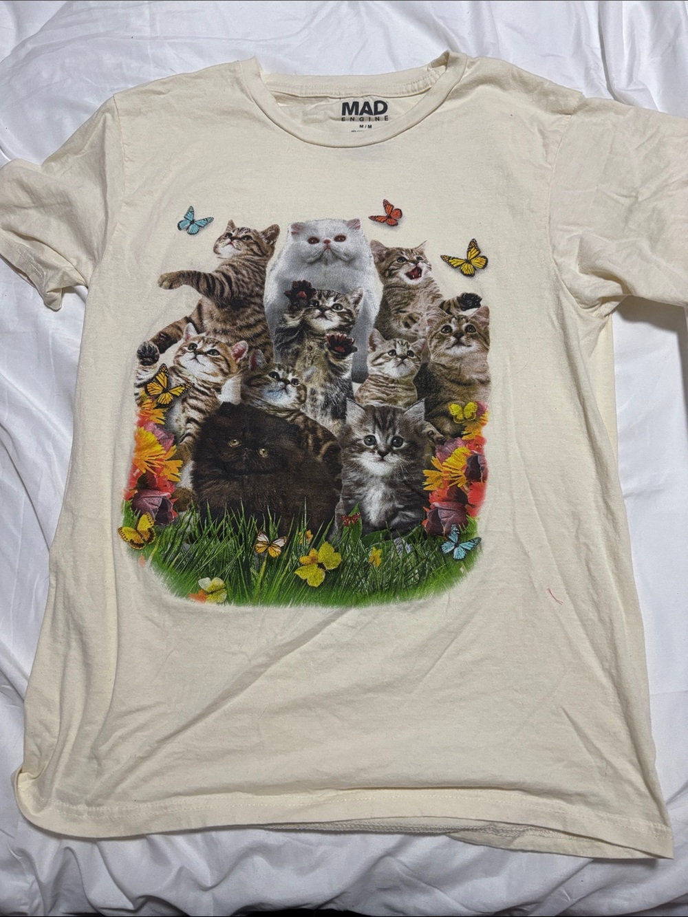 MAD Engine Cream Cat Collage Graphic Tee with Butterflies